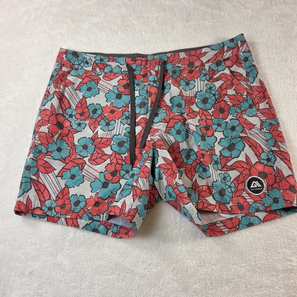 Allyance Mens Board Shorts Size 38 Tropical Floral Swim Trunks Gray Red 81883